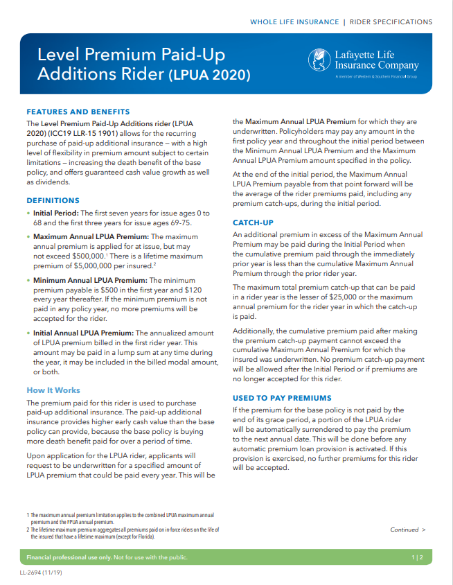 Level Premium Paid-Up Additions Rider (LPUA 2020)